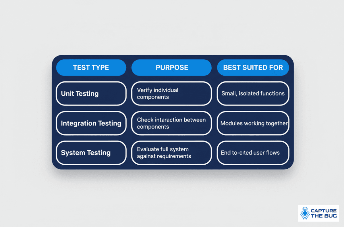 Summary table of testing types