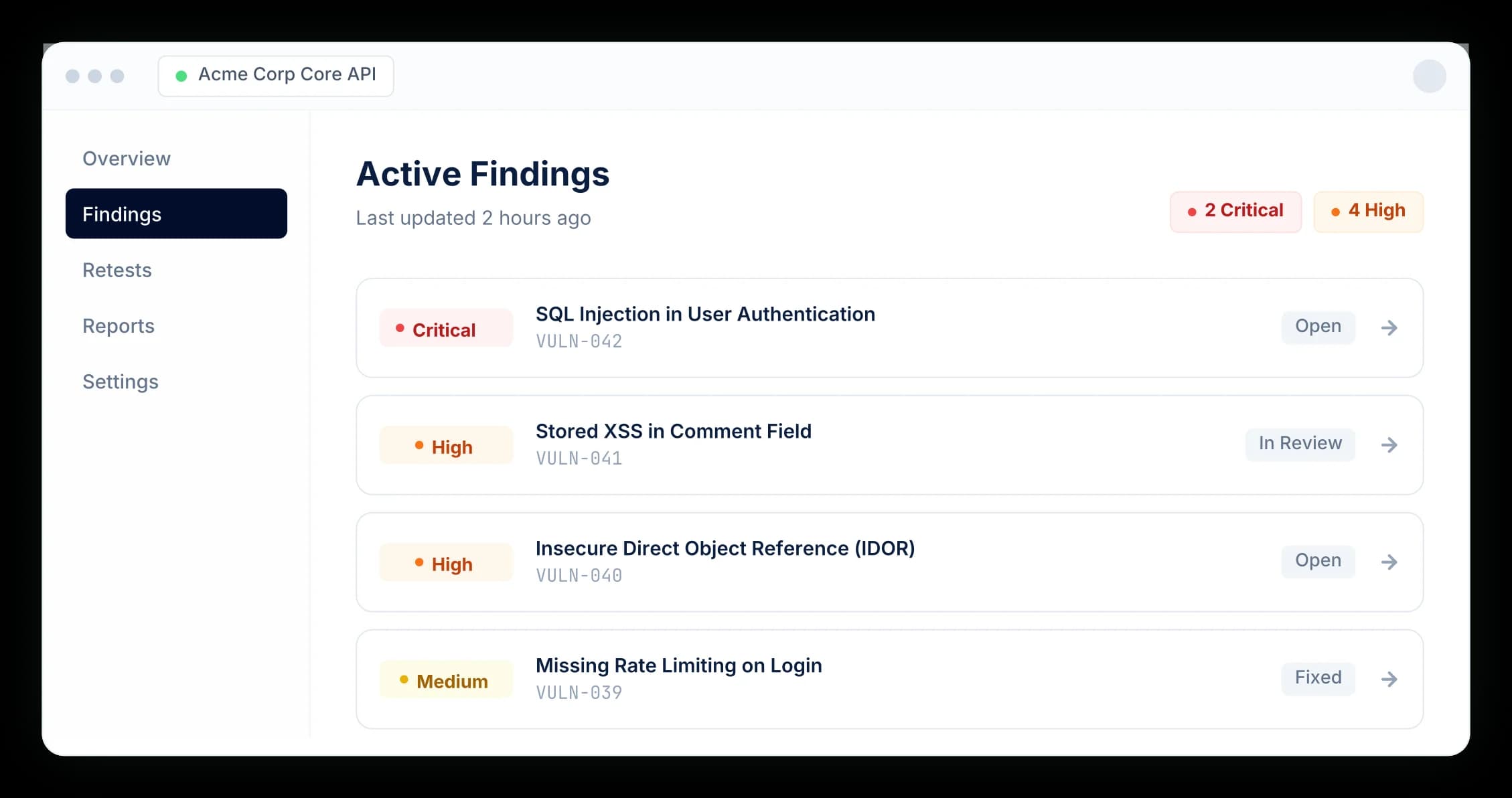 Security Dashboard Mockup showing active findings